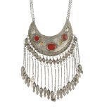 A white metal fringe necklace, the front designed as a crescent-shape panel, set with oval and