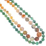 Two agate bead necklaces, the first designed as faceted spherical agate beads to the screw clasp,