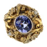 An Austro-Hungarian gem-set ring the oval-shape synthetic sapphire within a split pearl accent
