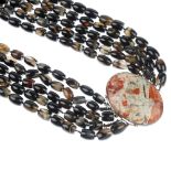 An agate bead and hardstone necklace, the oval jasper cabochon clasp, suspending a series of five