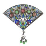 A continental gem-set and enamel brooch, designed as a filigree fan with four tourmaline and jade