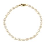 Two cultured pearl single-strand necklaces and a bracelet. Each designed as a single strand of