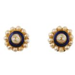 A pair of cultured pearl and enamel earrings. Each designed as a semi-baroque cultured pearl, within