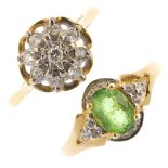 Two 18ct gold gem and diamond rings. To include an oval-shape green tourmaline and vari-cut