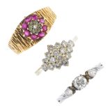 A selection of six gold gem-set rings. To include a 1970s 9ct gold diamond and ruby cluster ring,