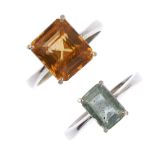 Two 9ct gold gem-set rings. To include a rectangular-shape brown zircon ring, together with a