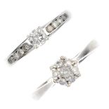 Two 9ct gold diamond rings. The first designed as a brilliant-cut diamond to the similarly-cut