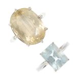 Two gem-set rings. To include a 9ct gold rectangular-shape blue topaz ring, together with an oval-