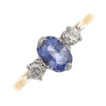 (138189) An 18ct gold sapphire and diamond dress ring. The oval-shape sapphire, to the brilliant-cut