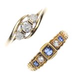 Two gold diamond and gem-set rings. To include a late 19th century 18ct gold sapphire and diamond