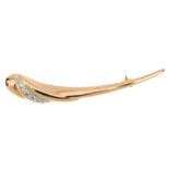 A 9ct gold diamond brooch. Designed as a tapered curve, with single-cut diamond line accent.