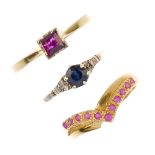 A selection of three gem-set rings. To include an 18ct gold circular-shape ruby chevron-shape two-