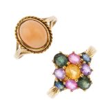 A selection of three 9ct gold gem-set rings. To include a vari-gem cluster ring, an oval coral