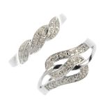 Two 9ct gold diamond dress rings. To include a single-cut diamond twisted panel ring, together