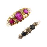 Two 18ct gold diamond and gem-set rings. To include a vari-shape ruby and single-cut diamond ring,