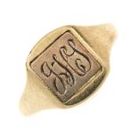 A 9ct gold enamel Masonic ring. The square panel, with engraved initial monogram front and blue