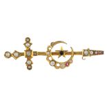 A selection of gem-set jewellery. To include an early 20th century 9ct gold dagger, crescent and