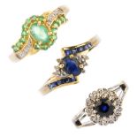 A selection of three 9ct gold gem-set rings. To include a circular-shape sapphire and single-cut