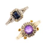 Two 18ct gold diamond and gem-set rings. To include a rectangular-shape sapphire and brilliant-cut