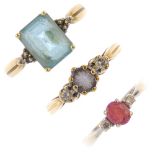 A selection of three 9ct gold gem-set rings. To include a rectangular-shape blue topaz single-