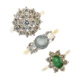 A selection of five 9ct gold gem-set dress rings. To include an oval-shape emerald and cubic