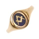 A 9ct gold enamel Masonic ring. The oval-shape swivel panel, with blue enamel Masonic symbol and