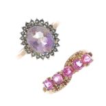 A selection of four diamond and gem-set rings. To include a diamond dress ring, a 9ct gold druzy