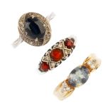 A selection of gem-set rings. To include a 9ct gold oval-shape blue topaz and brilliant-cut