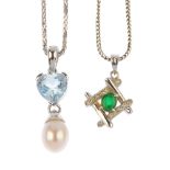 A selection of three gem-set pendants. To include a 9ct gold freshwater cultured pearl and heart-