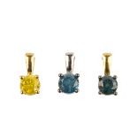 A selection of three colour-treated diamond pendants. To include two brilliant-cut colour-treated