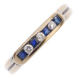 A diamond and sapphire band ring. The alternating brilliant-cut diamond and square-shape sapphire
