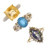 A selection of three gem-set dress rings. To include a 9ct gold cushion-shape citrine and single-cut