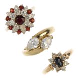 A selection of five 9ct gold gem-set rings. To include a diamond three-stone ring, a sapphire and