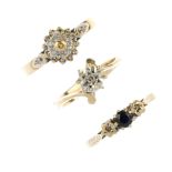 A selection of 9ct gold gem-set rings. To include two single-cut diamond single-stone rings, a