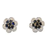 A pair of sapphire and diamond floral ear studs. Each designed as a circular-shape sapphire cluster,