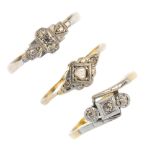 A selection of four platinum and gold diamond dress rings. To include a platinum and 18ct gold old-