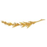 An early 20th century 15ct gold seed pearl brooch. Designed as a textured foliate sprig, with seed
