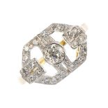 A diamond panel ring. The circular-cut diamond, within a single-cut diamond geometric panel, to