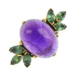 An amethyst and gem-set floral dress ring. The oval amethyst cabochon, to the marquise-shape green