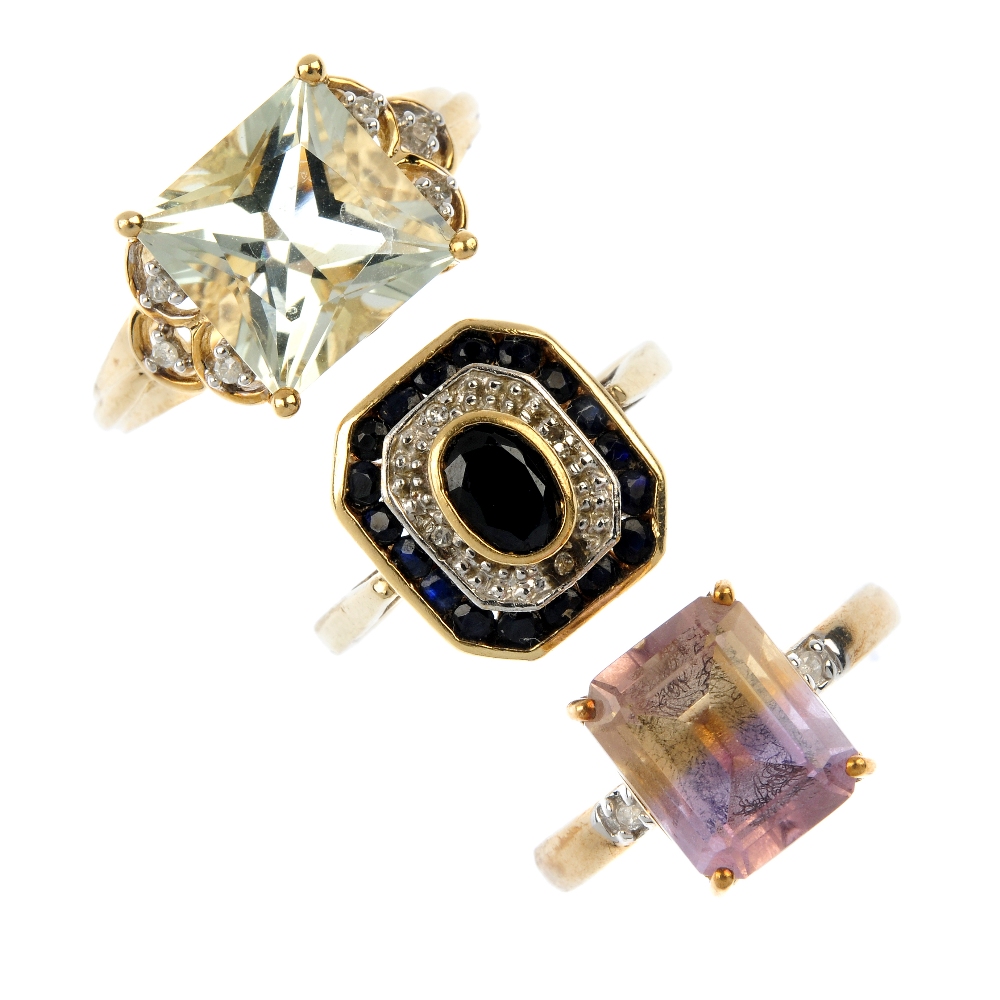 A selection of three 9ct gold diamond and gem-set rings. To include a green quartz and diamond ring,