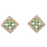 A pair of 9ct gold emerald and diamond ear studs. Each of square outline, the circular-shape emerald