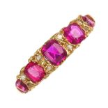 A synthetic ruby and garnet-topped-doublet five-stone ring. The graduated synthetic ruby and