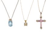 A selection of three diamond and gem-set necklaces. To include a 9ct gold diamond single-stone