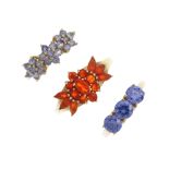 A selection of three 9ct gold gem-set dress rings. To include a fire opal cluster ring, a purple