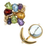 Two 9ct gold gem-set rings. To include a circular blue topaz cabochon and brilliant-cut diamond