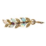 An early 20th century 9ct gold opal and split pearl foliate brooch. The oval opal cabochons and