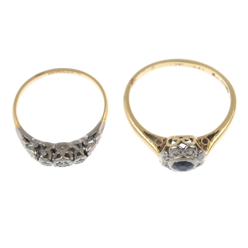 Two mid 20th century 18ct gold diamond rings. To include a circular-shape sapphire and single-cut - Image 2 of 2