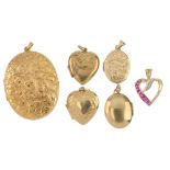 A selection of five 9ct gold lockets and a gem-set pendant. To include a ruby and diamond heart-