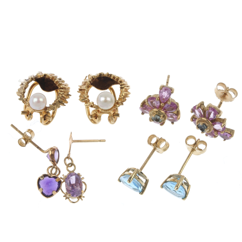 A selection of eight pairs of gem-set earrings. To include a pair of 1960s 9ct gold cultured pearl - Image 2 of 2