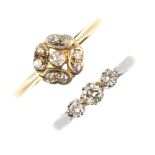 Two mid 20th century 18ct gold diamond rings. To include a graduated brilliant-cut diamond three-